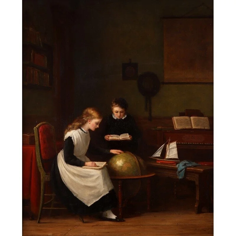 Frederick Daniel Hardy, Two Children Studying with a Globe and Piano