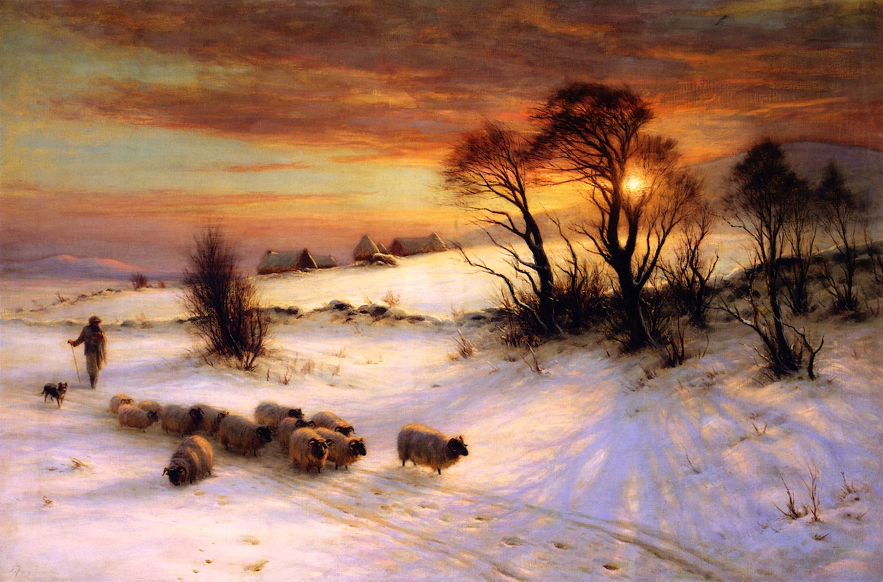 Joseph Farquharson, Herding Sheep in a Winter Landscape at Sunset